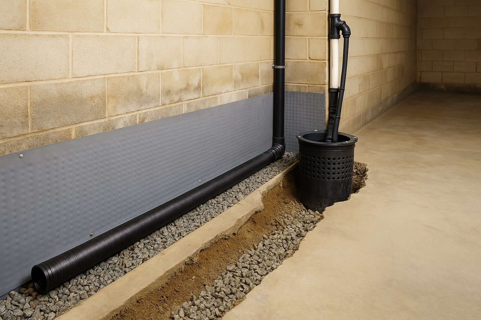 Basement waterproofing in Asheville by Civil & Home Solutions — interior drain and sump pump